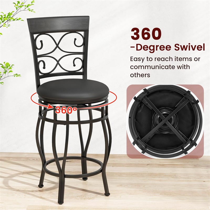 26" Swivel Metal Bar Stools Set of 2, Vintage Upholstered Counter Height Bar Chairs with Back & PU Leather Padded Seat for Pub, Kitchen Island
