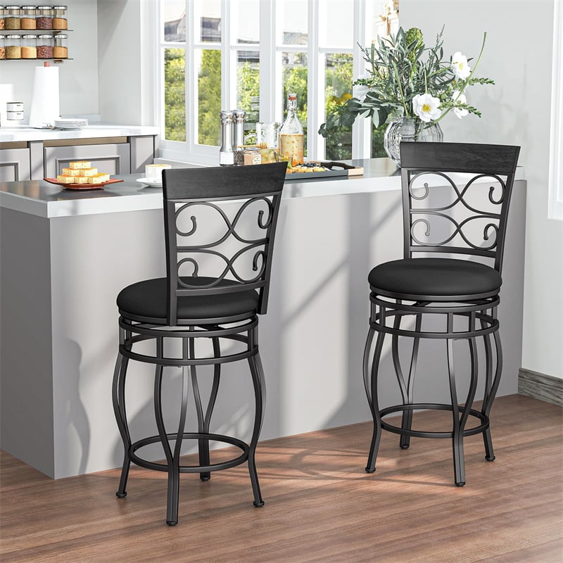 26" Swivel Metal Bar Stools Set of 2, Vintage Upholstered Counter Height Bar Chairs with Back & PU Leather Padded Seat for Pub, Kitchen Island