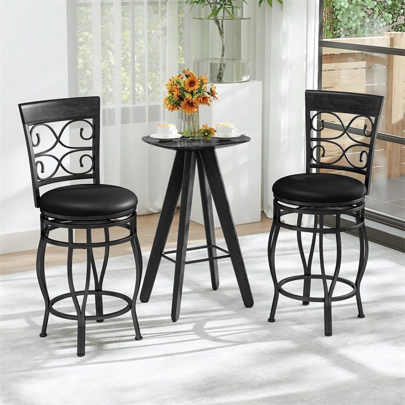 26" Swivel Metal Bar Stools Set of 2, Vintage Upholstered Counter Height Bar Chairs with Back & PU Leather Padded Seat for Pub, Kitchen Island