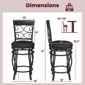 26" Swivel Metal Bar Stools Set of 2, Vintage Upholstered Counter Height Bar Chairs with Back & PU Leather Padded Seat for Pub, Kitchen Island
