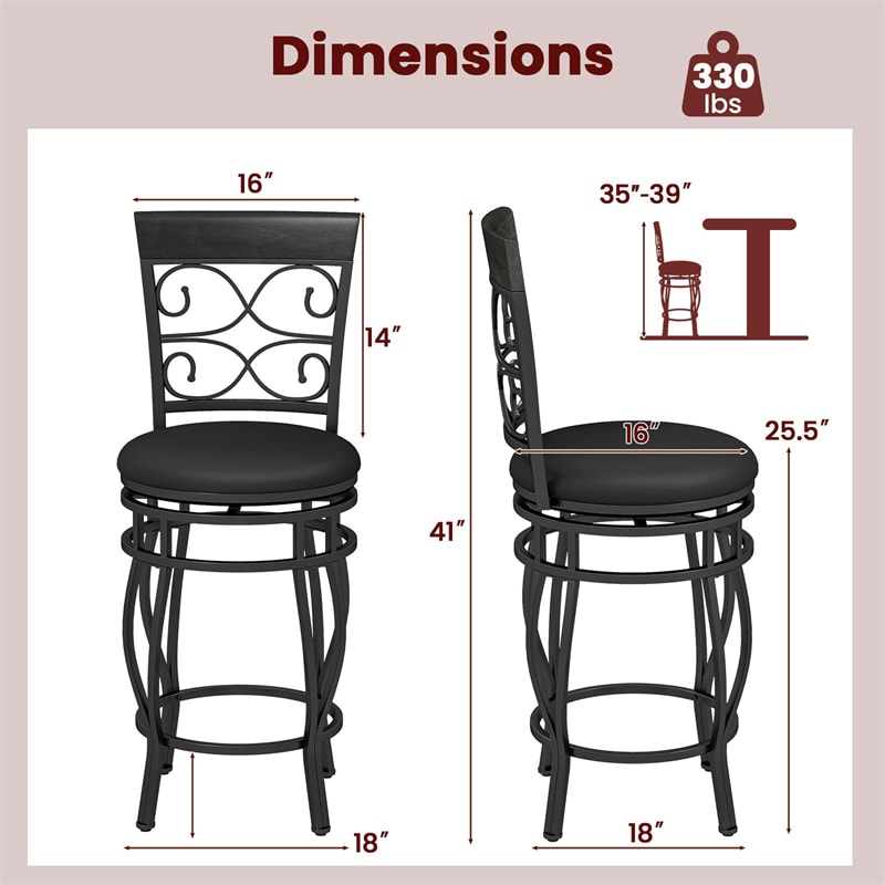 26" Swivel Metal Bar Stools Set of 2, Vintage Upholstered Counter Height Bar Chairs with Back & PU Leather Padded Seat for Pub, Kitchen Island