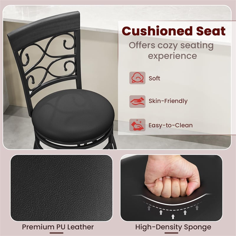 26" Swivel Metal Bar Stools Set of 2, Vintage Upholstered Counter Height Bar Chairs with Back & PU Leather Padded Seat for Pub, Kitchen Island