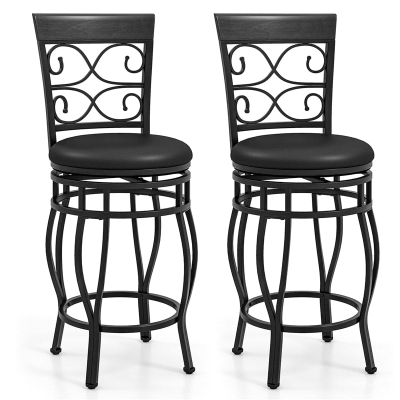 26" Swivel Metal Bar Stools Set of 2, Vintage Upholstered Counter Height Bar Chairs with Back & PU Leather Padded Seat for Pub, Kitchen Island