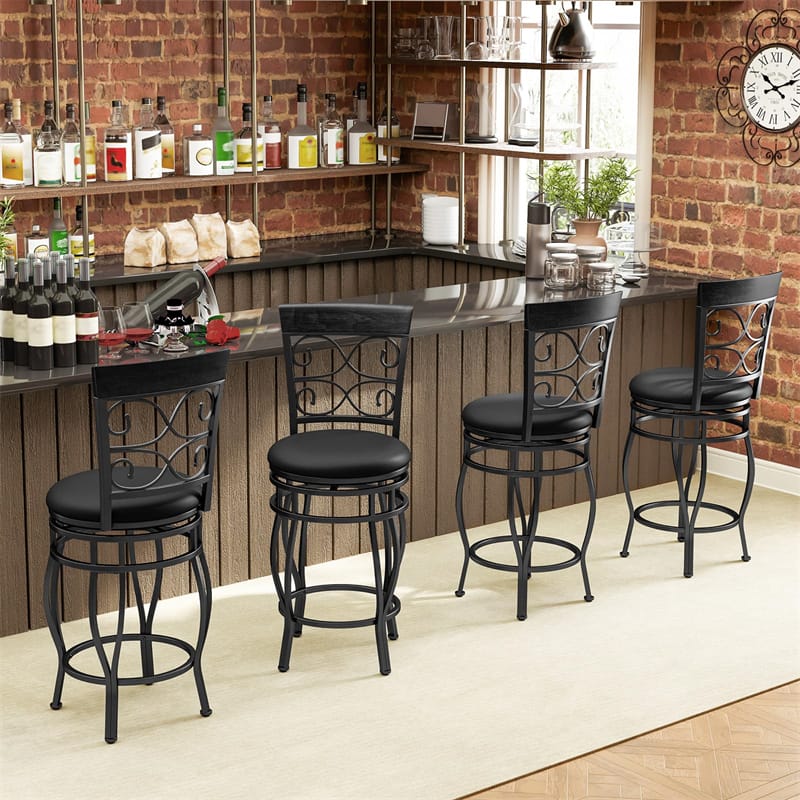 26" Swivel Metal Bar Stools Set of 2, Vintage Upholstered Counter Height Bar Chairs with Back & PU Leather Padded Seat for Pub, Kitchen Island