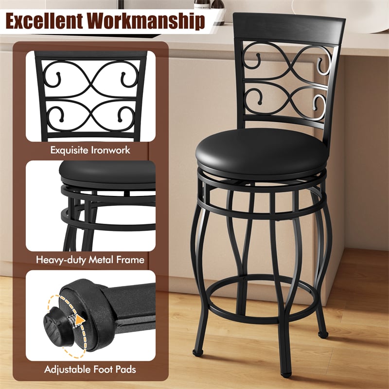 26" Swivel Metal Bar Stools Set of 2, Vintage Upholstered Counter Height Bar Chairs with Back & PU Leather Padded Seat for Pub, Kitchen Island
