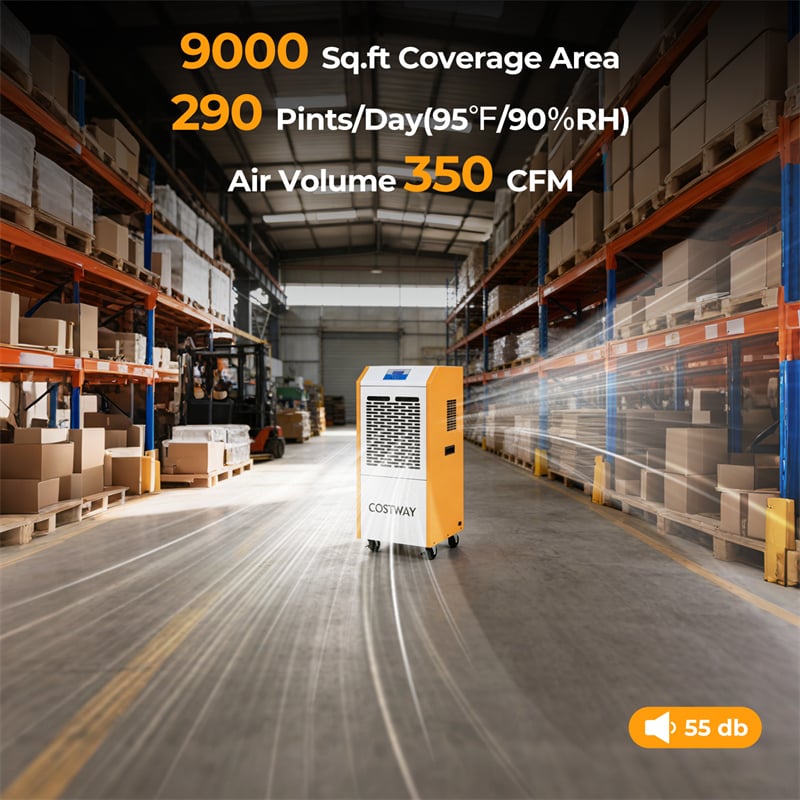 290 Pints Commercial Dehumidifier, 9000 Sq.Ft Industrial Dehumidifier with Pump, Drain Hose, 24H Timer & Wheels for Basement, Warehouse, Job Sites