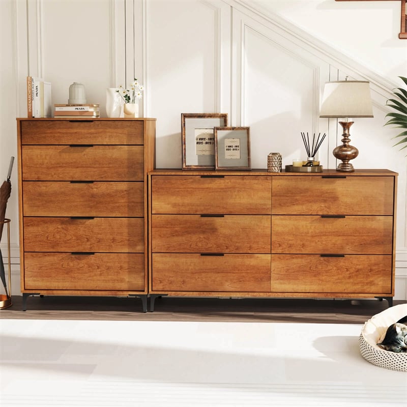 Mid Century Modern 5-Drawer Dresser, Wooden Chest of Drawers with Interlock System, Anti-Tip Kit & Metal Legs for Bedroom, Living Room, Hallway