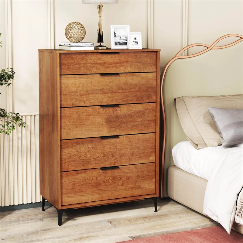 Mid Century Modern 5-Drawer Dresser, Wooden Chest of Drawers with Interlock System, Anti-Tip Kit & Metal Legs for Bedroom, Living Room, Hallway