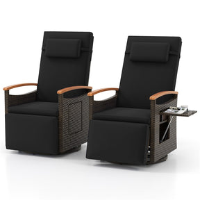 Outdoor 360° Swivel Rattan Recliner Chair, Patio Wicker Chaise Lounge Chair with Adjustable Backrest & Footrest, Flip Side Table & Cushions