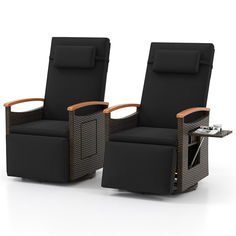 Outdoor 360° Swivel Rattan Recliner Chair, Patio Wicker Chaise Lounge Chair with Adjustable Backrest & Footrest, Flip Side Table & Cushions
