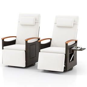 Outdoor 360° Swivel Rattan Recliner Chair, Patio Wicker Chaise Lounge Chair with Adjustable Backrest & Footrest, Flip Side Table & Cushions