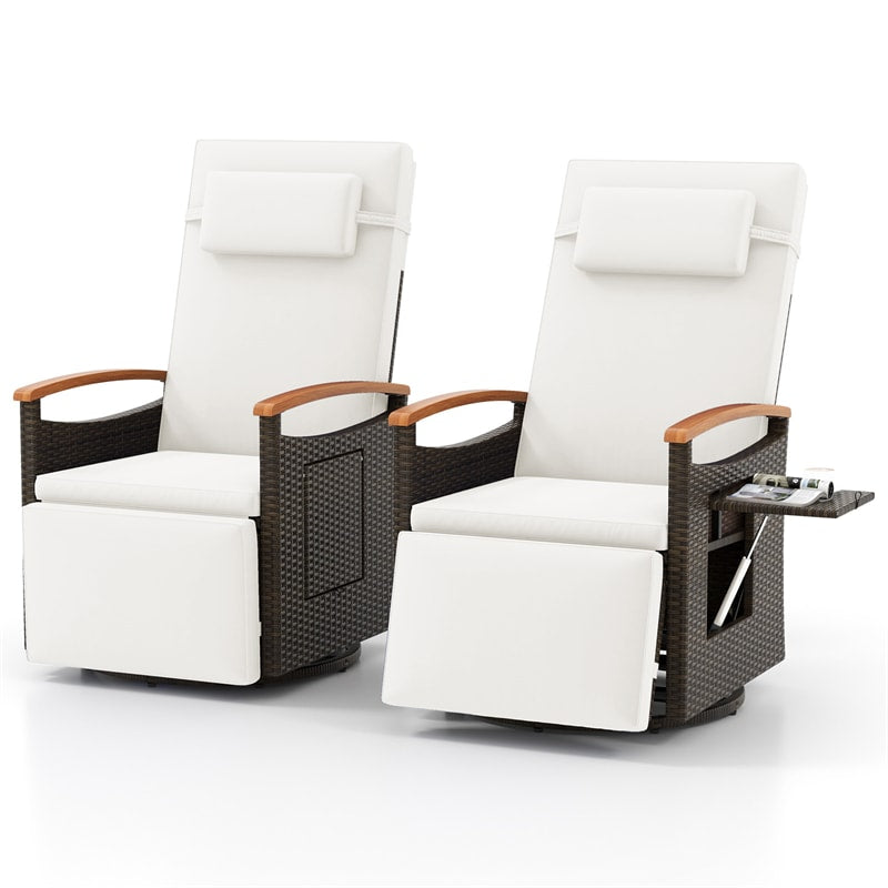 Outdoor 360° Swivel Rattan Recliner Chair, Patio Wicker Chaise Lounge Chair with Adjustable Backrest & Footrest, Flip Side Table & Cushions