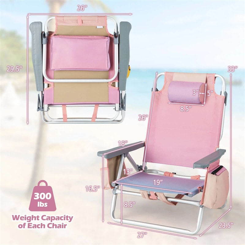 2-Pack Folding Beach Chair, Backpack Lawn Chairs, Sling Camping Chair, Patio Reclining Chairs with 5 Adjustable Position, Head Pillow