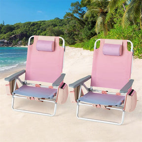 2-Pack Folding Beach Chair, Backpack Lawn Chairs, Sling Camping Chair, Patio Reclining Chairs with 5 Adjustable Position, Head Pillow