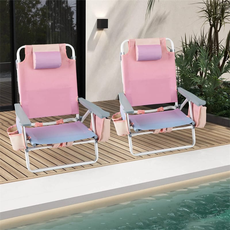 2-Pack Folding Beach Chair, Backpack Lawn Chairs, Sling Camping Chair, Patio Reclining Chairs with 5 Adjustable Position, Head Pillow