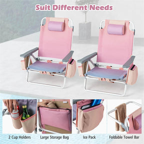 2-Pack Folding Beach Chair, Backpack Lawn Chairs, Sling Camping Chair, Patio Reclining Chairs with 5 Adjustable Position, Head Pillow