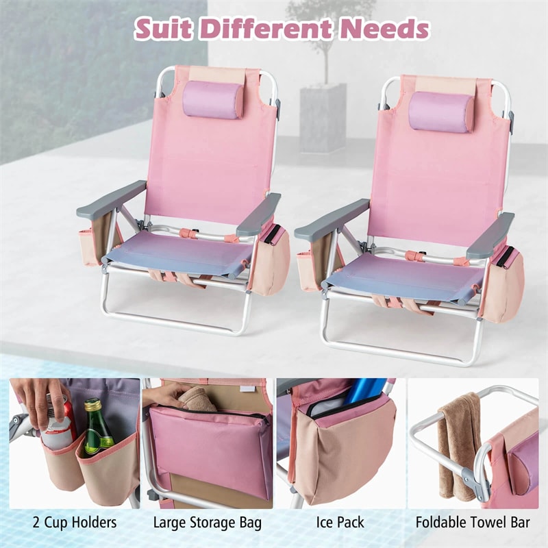 2-Pack Folding Beach Chair, Backpack Lawn Chairs, Sling Camping Chair, Patio Reclining Chairs with 5 Adjustable Position, Head Pillow