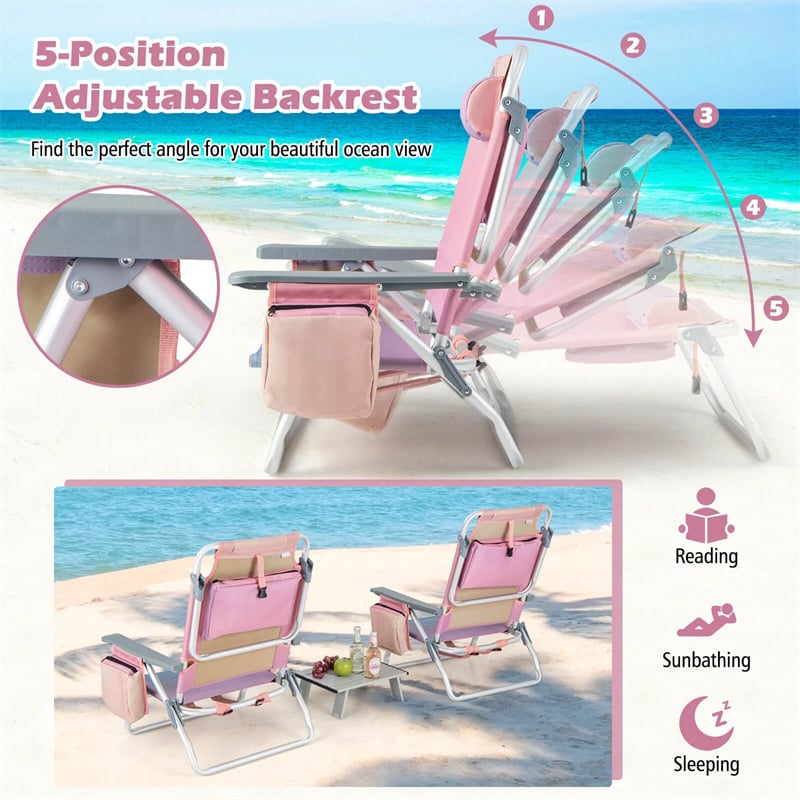 2-Pack Folding Beach Chair, Backpack Lawn Chairs, Sling Camping Chair, Patio Reclining Chairs with 5 Adjustable Position, Head Pillow