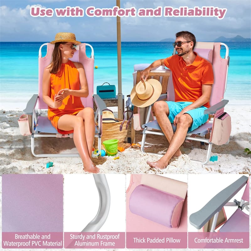 2-Pack Folding Beach Chair, Backpack Lawn Chairs, Sling Camping Chair, Patio Reclining Chairs with 5 Adjustable Position, Head Pillow