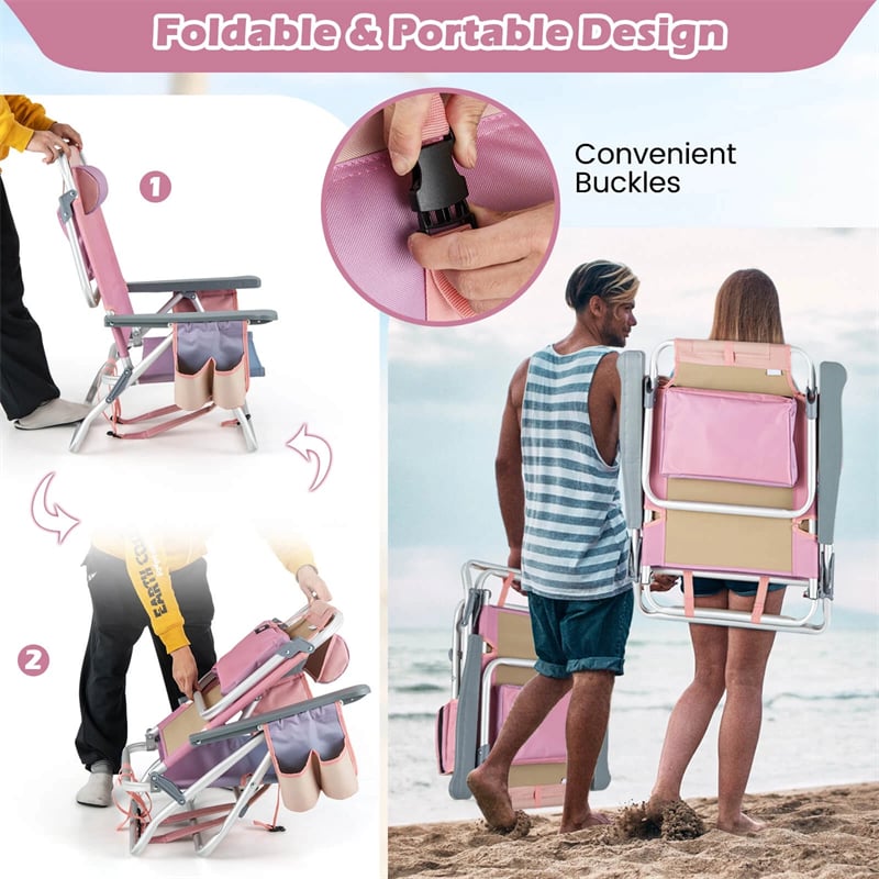 2-Pack Folding Beach Chair, Backpack Lawn Chairs, Sling Camping Chair, Patio Reclining Chairs with 5 Adjustable Position, Head Pillow