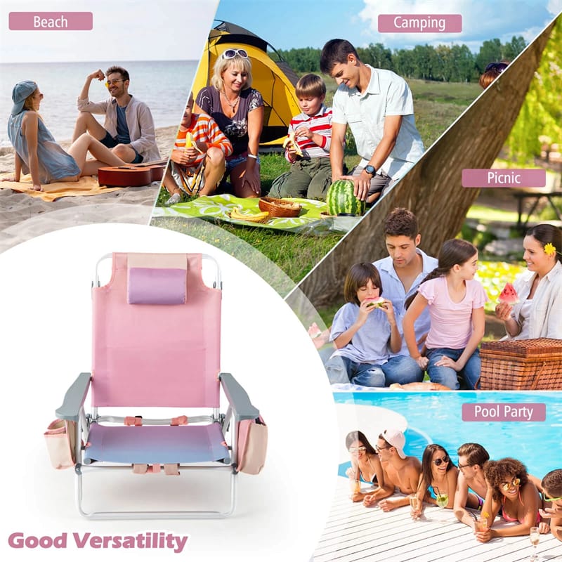 2-Pack Folding Beach Chair, Backpack Lawn Chairs, Sling Camping Chair, Patio Reclining Chairs with 5 Adjustable Position, Head Pillow