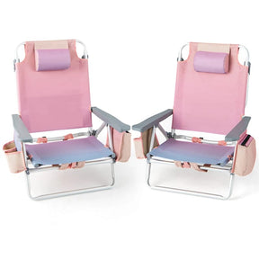 2-Pack Folding Beach Chair, Backpack Lawn Chairs, Sling Camping Chair, Patio Reclining Chairs with 5 Adjustable Position, Head Pillow