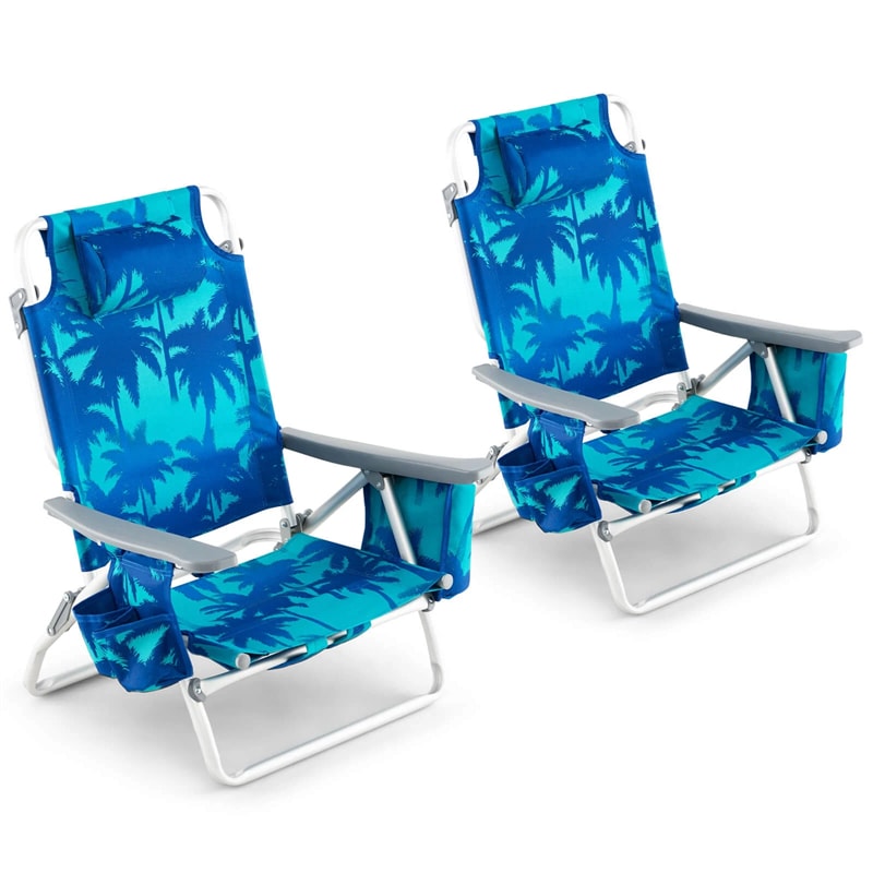 2-Pack Folding Beach Chair, Backpack Lawn Chairs, Sling Camping Chair, Patio Reclining Chairs with 5 Adjustable Position, Head Pillow