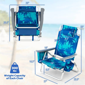 2-Pack Folding Beach Chair, Backpack Lawn Chairs, Sling Camping Chair, Patio Reclining Chairs with 5 Adjustable Position, Head Pillow