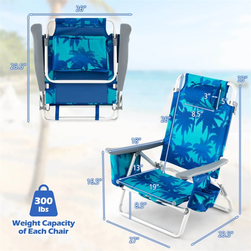 2-Pack Folding Beach Chair, Backpack Lawn Chairs, Sling Camping Chair, Patio Reclining Chairs with 5 Adjustable Position, Head Pillow