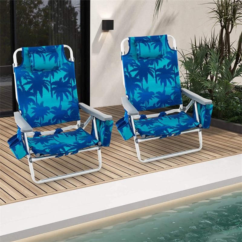 2-Pack Folding Beach Chair, Backpack Lawn Chairs, Sling Camping Chair, Patio Reclining Chairs with 5 Adjustable Position, Head Pillow