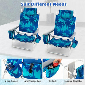 2-Pack Folding Beach Chair, Backpack Lawn Chairs, Sling Camping Chair, Patio Reclining Chairs with 5 Adjustable Position, Head Pillow