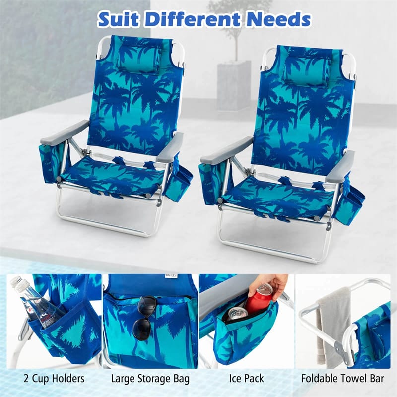2-Pack Folding Beach Chair, Backpack Lawn Chairs, Sling Camping Chair, Patio Reclining Chairs with 5 Adjustable Position, Head Pillow