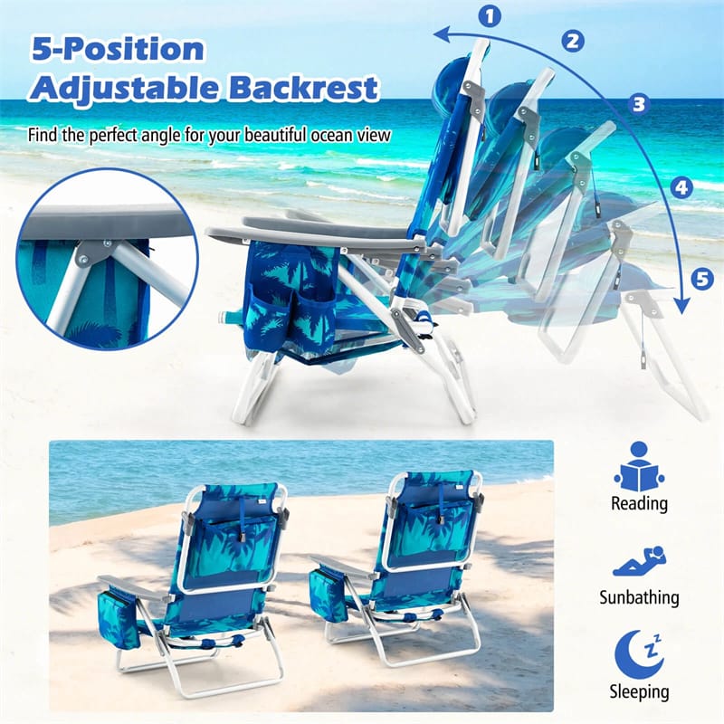 2-Pack Folding Beach Chair, Backpack Lawn Chairs, Sling Camping Chair, Patio Reclining Chairs with 5 Adjustable Position, Head Pillow