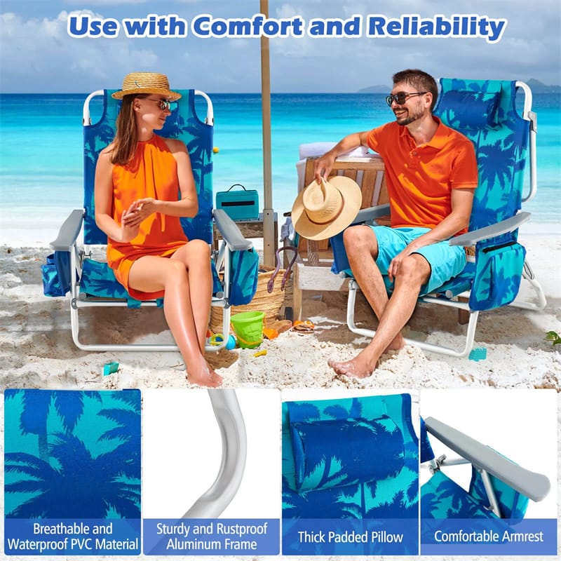 2-Pack Folding Beach Chair, Backpack Lawn Chairs, Sling Camping Chair, Patio Reclining Chairs with 5 Adjustable Position, Head Pillow