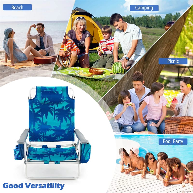 2-Pack Folding Beach Chair, Backpack Lawn Chairs, Sling Camping Chair, Patio Reclining Chairs with 5 Adjustable Position, Head Pillow
