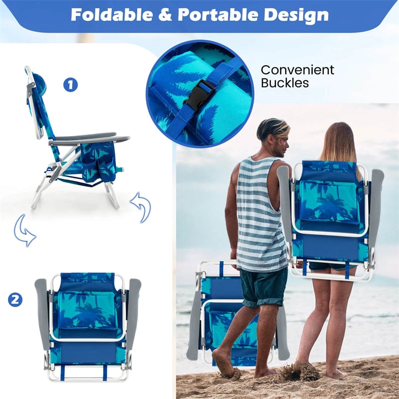 2-Pack Folding Beach Chair, Backpack Lawn Chairs, Sling Camping Chair, Patio Reclining Chairs with 5 Adjustable Position, Head Pillow