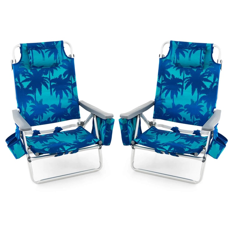 2-Pack Folding Beach Chair, Backpack Lawn Chairs, Sling Camping Chair, Patio Reclining Chairs with 5 Adjustable Position, Head Pillow