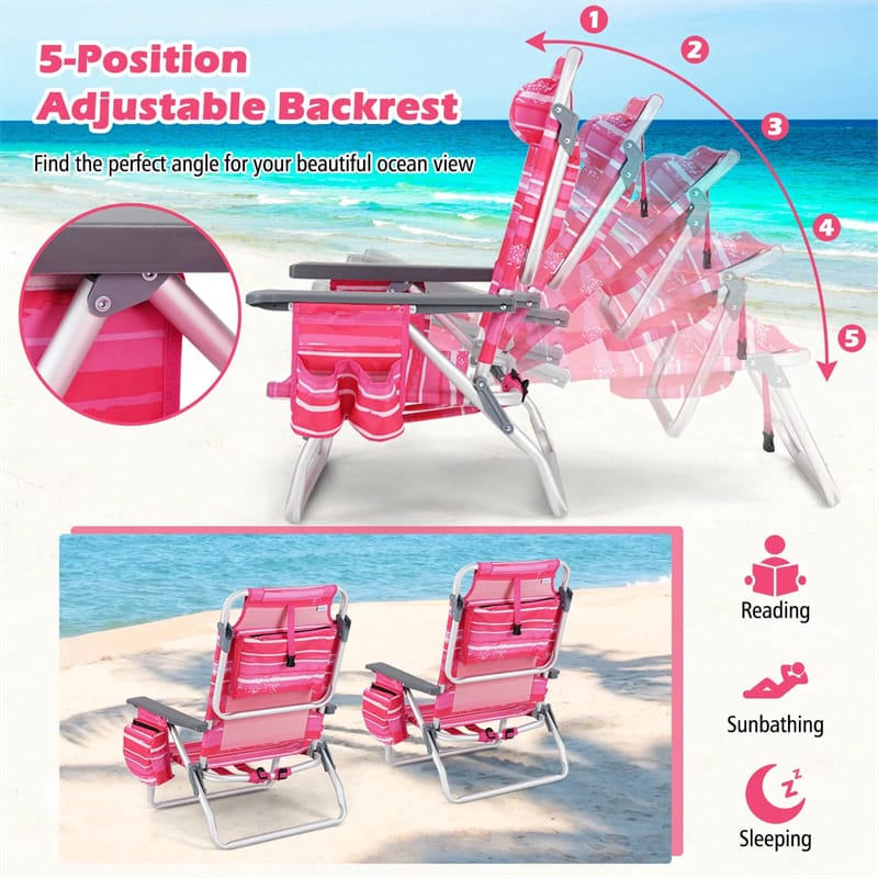 2-Pack Folding Beach Chair, Backpack Lawn Chairs, Sling Camping Chair, Patio Reclining Chairs with 5 Adjustable Position, Head Pillow