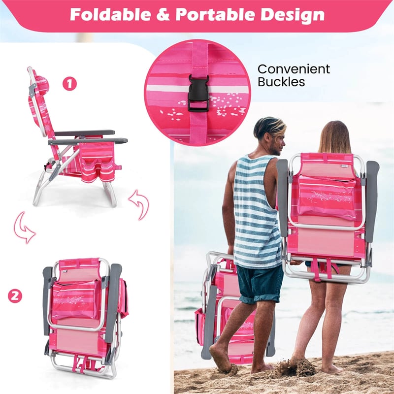2-Pack Folding Beach Chair, Backpack Lawn Chairs, Sling Camping Chair, Patio Reclining Chairs with 5 Adjustable Position, Head Pillow
