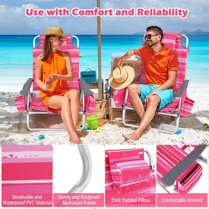 2-Pack Folding Beach Chair, Backpack Lawn Chairs, Sling Camping Chair, Patio Reclining Chairs with 5 Adjustable Position, Head Pillow