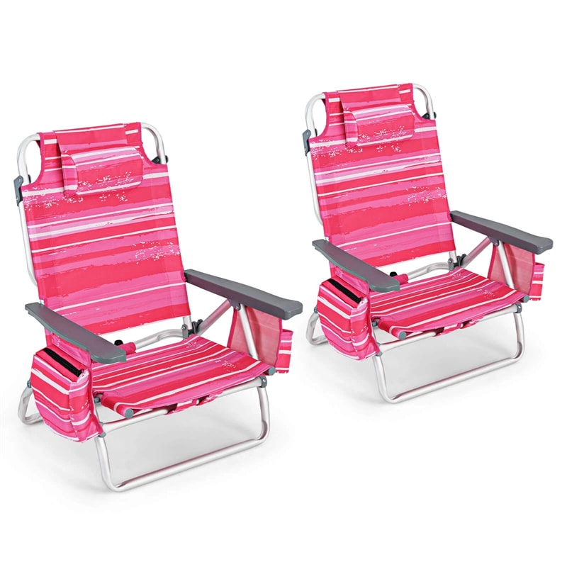 2-Pack Folding Beach Chair, Backpack Lawn Chairs, Sling Camping Chair, Patio Reclining Chairs with 5 Adjustable Position, Head Pillow