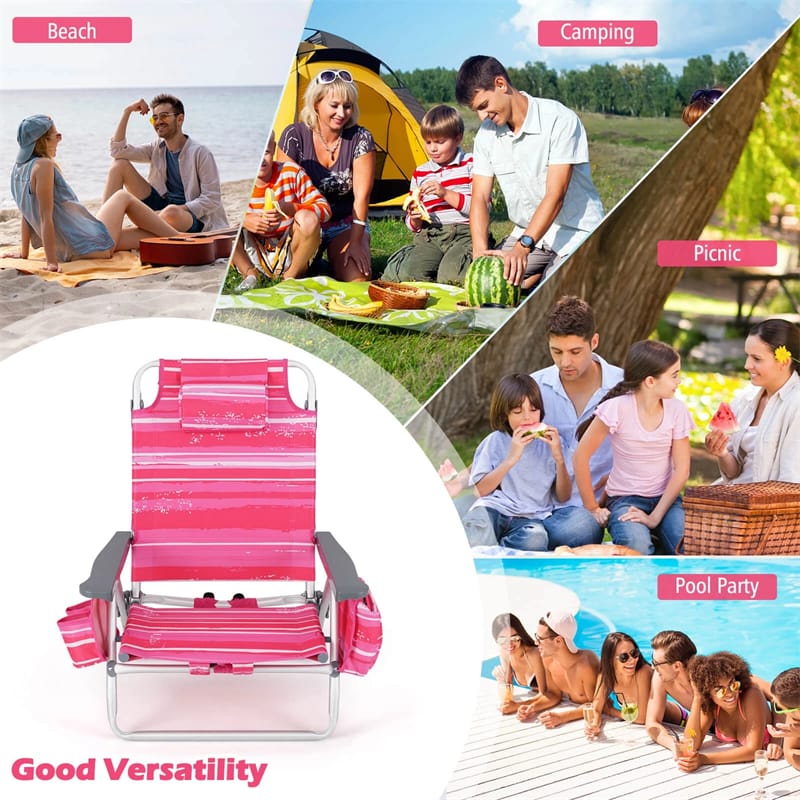 2-Pack Folding Beach Chair, Backpack Lawn Chairs, Sling Camping Chair, Patio Reclining Chairs with 5 Adjustable Position, Head Pillow