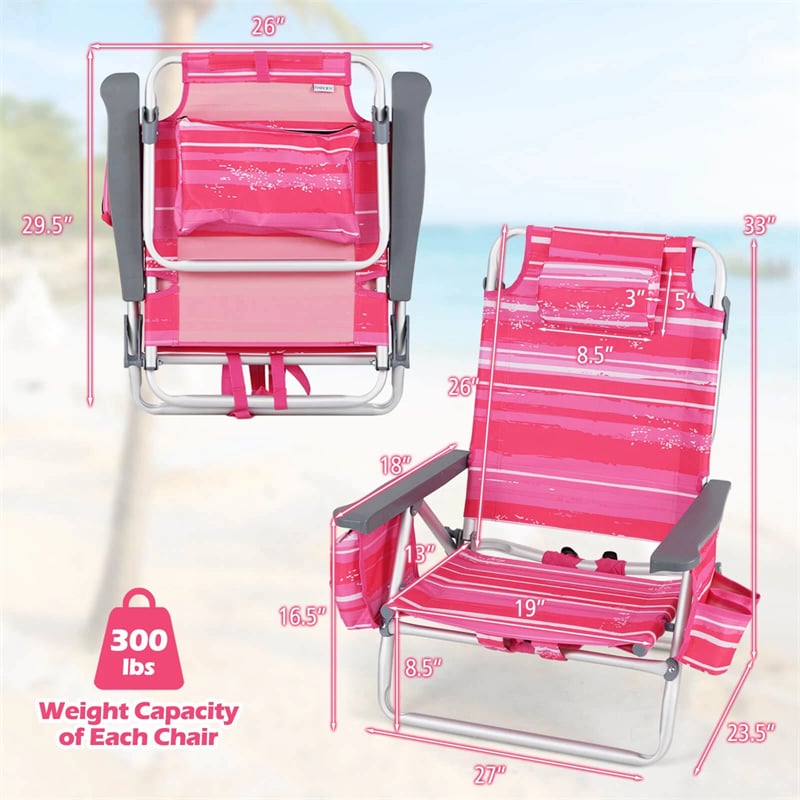 2-Pack Folding Beach Chair, Backpack Lawn Chairs, Sling Camping Chair, Patio Reclining Chairs with 5 Adjustable Position, Head Pillow