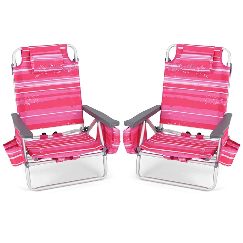 2-Pack Folding Beach Chair, Backpack Lawn Chairs, Sling Camping Chair, Patio Reclining Chairs with 5 Adjustable Position, Head Pillow