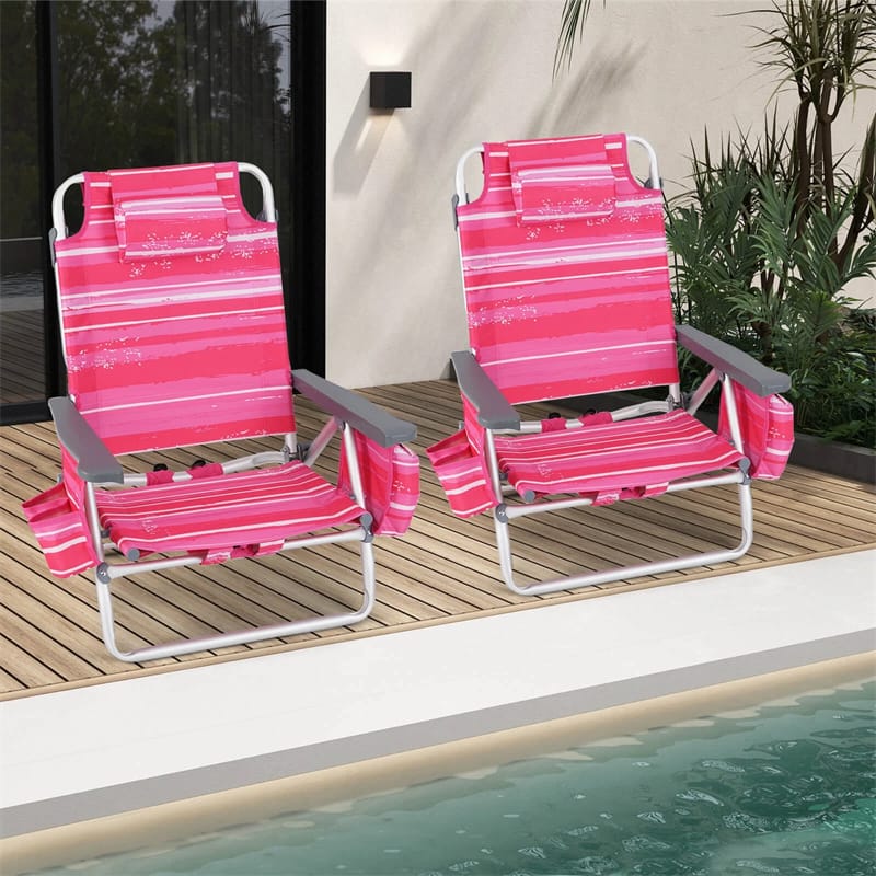 2-Pack Folding Beach Chair, Backpack Lawn Chairs, Sling Camping Chair, Patio Reclining Chairs with 5 Adjustable Position, Head Pillow