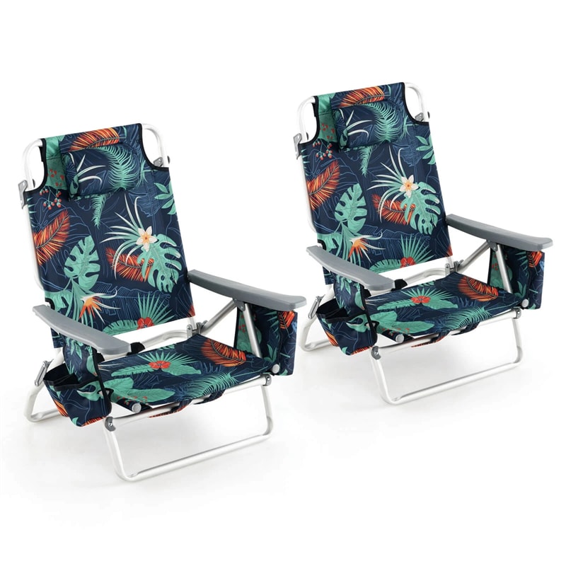 2-Pack Folding Beach Chair, Backpack Lawn Chairs, Sling Camping Chair, Patio Reclining Chairs with 5 Adjustable Position, Head Pillow