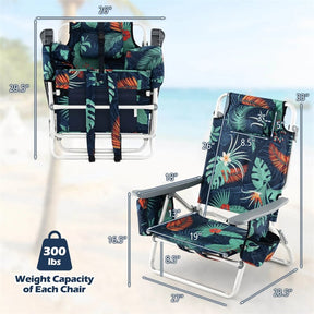 2-Pack Folding Beach Chair, Backpack Lawn Chairs, Sling Camping Chair, Patio Reclining Chairs with 5 Adjustable Position, Head Pillow