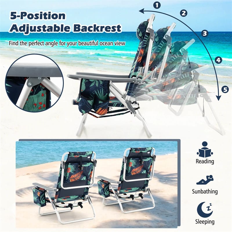 2-Pack Folding Beach Chair, Backpack Lawn Chairs, Sling Camping Chair, Patio Reclining Chairs with 5 Adjustable Position, Head Pillow
