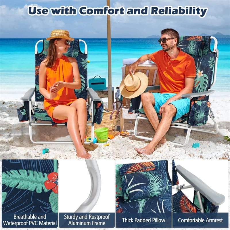 2-Pack Folding Beach Chair, Backpack Lawn Chairs, Sling Camping Chair, Patio Reclining Chairs with 5 Adjustable Position, Head Pillow