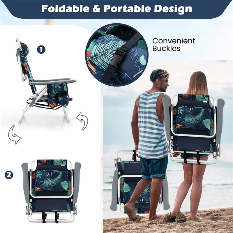 2-Pack Folding Beach Chair, Backpack Lawn Chairs, Sling Camping Chair, Patio Reclining Chairs with 5 Adjustable Position, Head Pillow